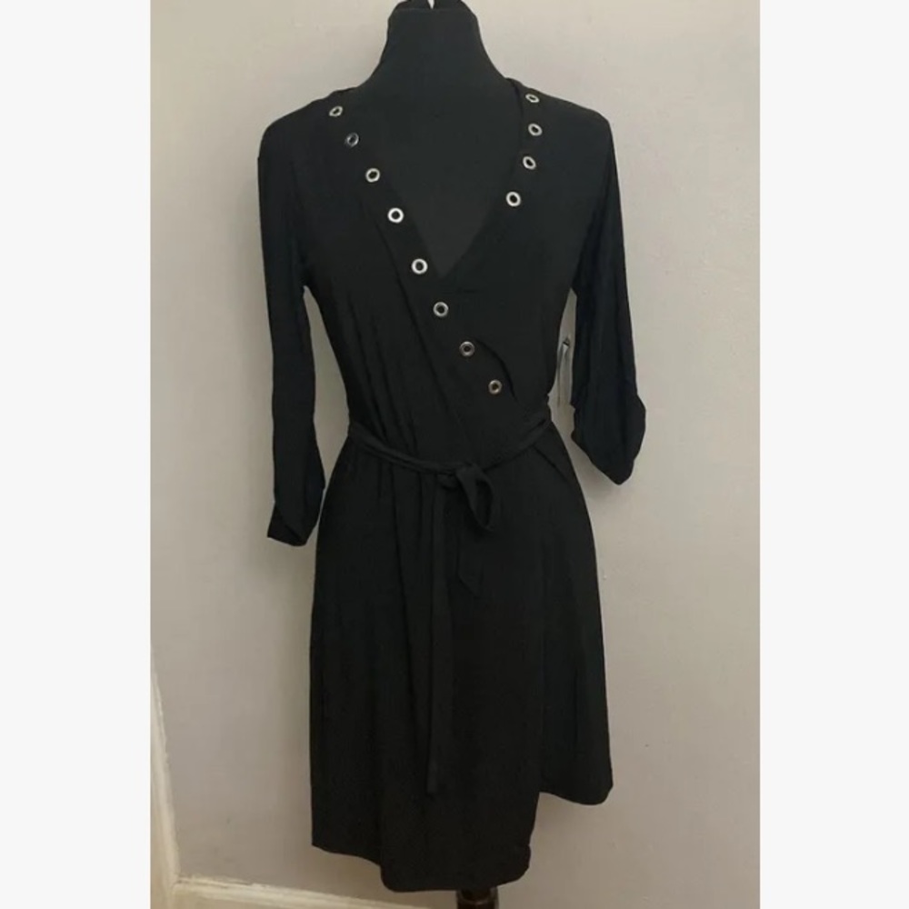 5-10 Emma Michele BLack wrap Dress Grommet Small Tie belt NWT NEW